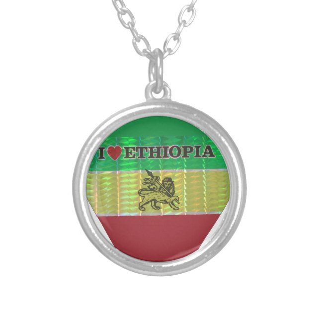 I Love Heart Ethiopia: Flag Art Motif Silver Plated Necklace (Front)