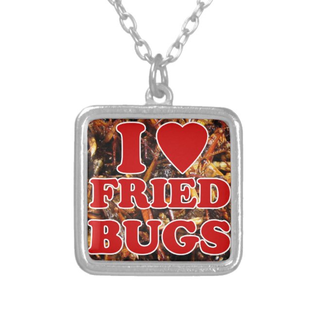 I Love (Heart) Fried Bugs / Edible Insects Silver Plated Necklace (Front)