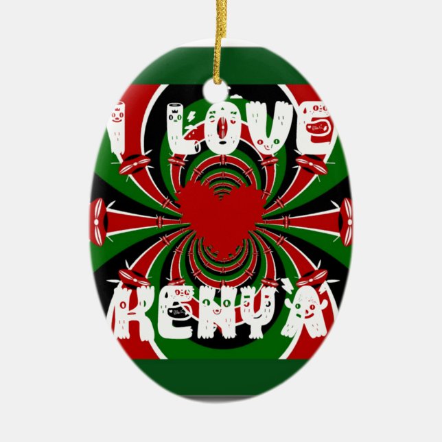 I Love Heart Kenya: Dynamic Flag Art Ceramic Ornament (Front)