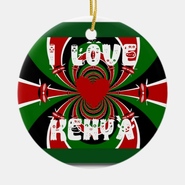 I Love Heart Kenya: Dynamic Flag Art Ceramic Ornament (Front)