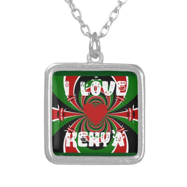 I Love Heart Kenya: Dynamic Flag Art Silver Plated Necklace (Front)