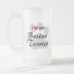 I Love (Heart) My Boston Terrier Pawprint Frosted Glass Beer Mug