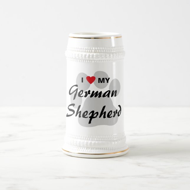 I Love (Heart) My German Shepherd Pawprint Beer Stein (Center)