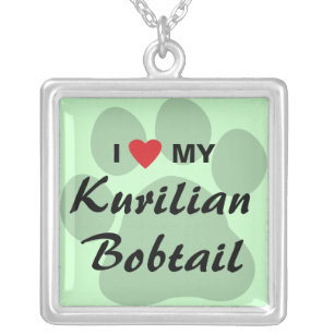 I Love (Heart) My Kurilian Bobtail Pawprint Design Silver Plated Necklace