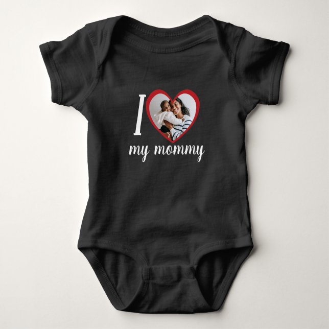 I love heart my mommy custom photo black baby bodysuit (Front)