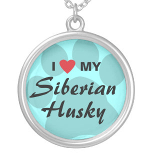 I Love (Heart) My Siberian Husky Pawprint Silver Plated Necklace