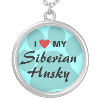 I Love (Heart) My Siberian Husky Pawprint Silver Plated Necklace