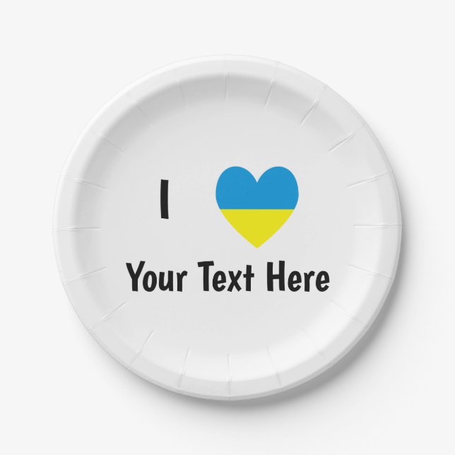 I Love (Heart Ukrainian Flag) Personalized Text Paper Plates (Front)