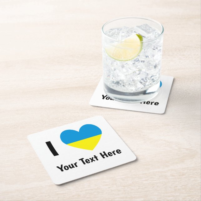 I Love (Heart Ukrainian Flag) Personalized Text Square Paper Coaster (Insitu)