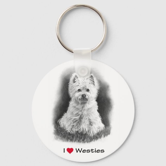 I Love (Heart) Westies: Pencil Drawing Keychain (Front)