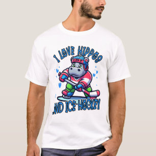 I Love Hippos And Ice Hockey Funny Ice Hockey Play T-Shirt