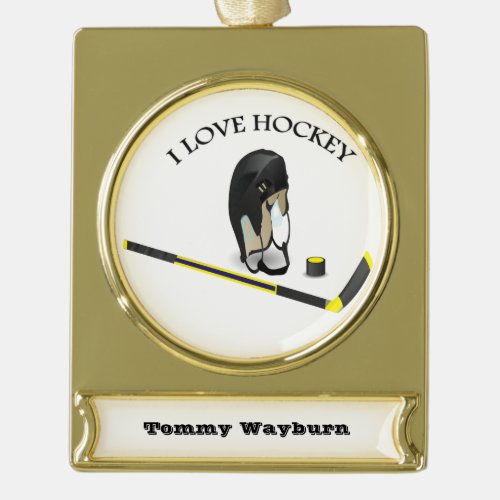 I Love hockey custom design with stick and helmet Gold Plated Banner Ornament
