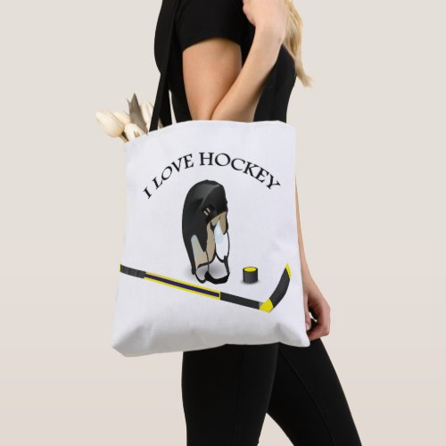 I Love hockey custom design with stick and helmet Tote Bag