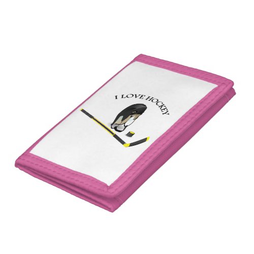 I Love hockey custom design with stick and helmet Trifold Wallet