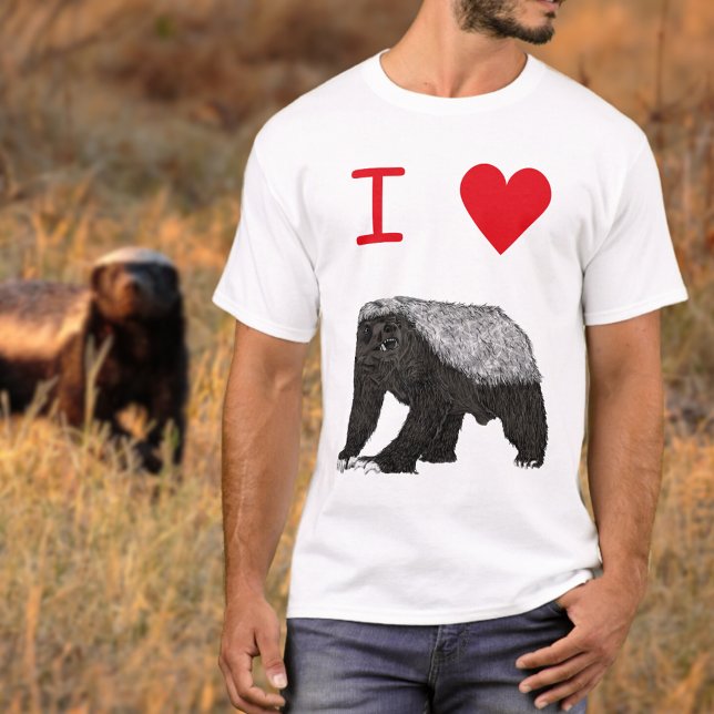 I Love Honey Badgers slogan T-Shirt (I love honey badgers Tshirts with badass honey badger illustration and red heart slogan)