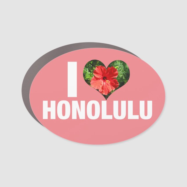 I Love Honolulu Hawaii Hibiscus Flower Pink Car Magnet (Front)