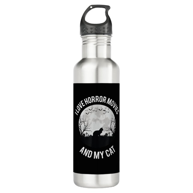 I Love Horror Movies And My Cat Stainless Steel Water Bottle (Front)