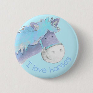 I love horses button/badge blue button