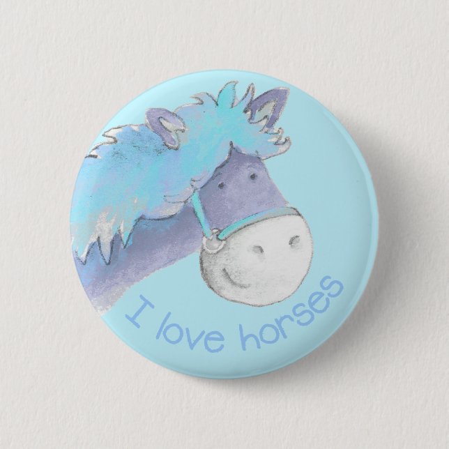 I love horses button/badge blue button (Front)