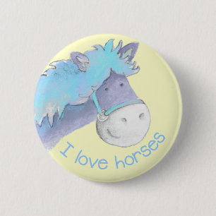 I love horses button/badge blue & yellow button
