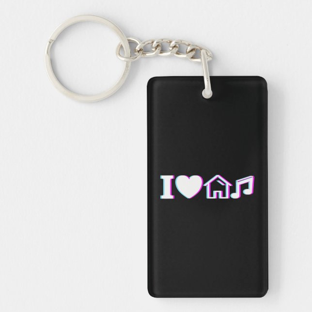 I Love House Music Vaporwave Glitch EDM DJ House Keychain (Front)