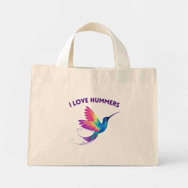 I Love Hummers Exotic Rainbow Hummingbird Flying Mini Tote Bag (Front)