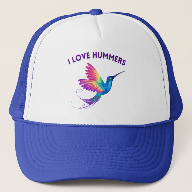 I Love Hummers Exotic Rainbow Hummingbird Flying Trucker Hat (Front)