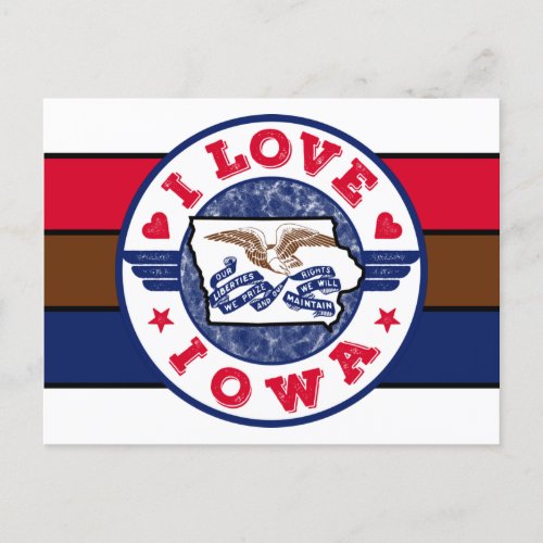 I Love Iowa Retro Stripes State Map and Flag Postcard