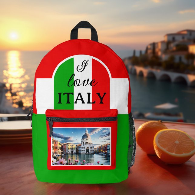 I Love Italy Photo Printed Backpack (Backpack featuring a design based on the colors of the Italian flag with your photo on the front)