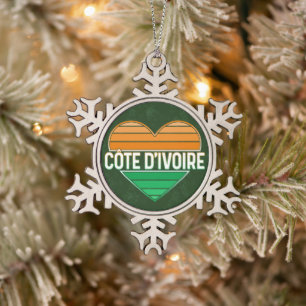 I Love Ivory Coast, Côte d'Ivoire Heart Snowflake Pewter Christmas Ornament