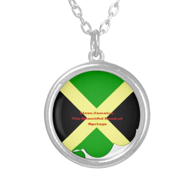 I Love Jamaica Text on Flag Art Print Silver Plated Necklace (Front)