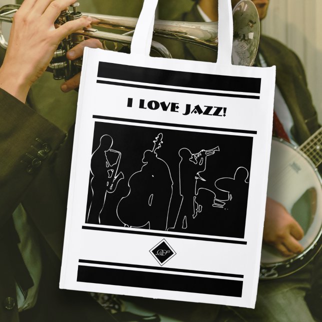I Love Jazz Retro Music Band Monogram Grocery Bag (Creator Uploaded)