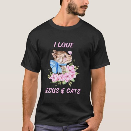 I Love Jesus And Cats Floral Butterfly Lover Mom L T_Shirt