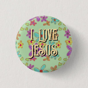 I Love Jesus Christian Girl Flowers Green Button