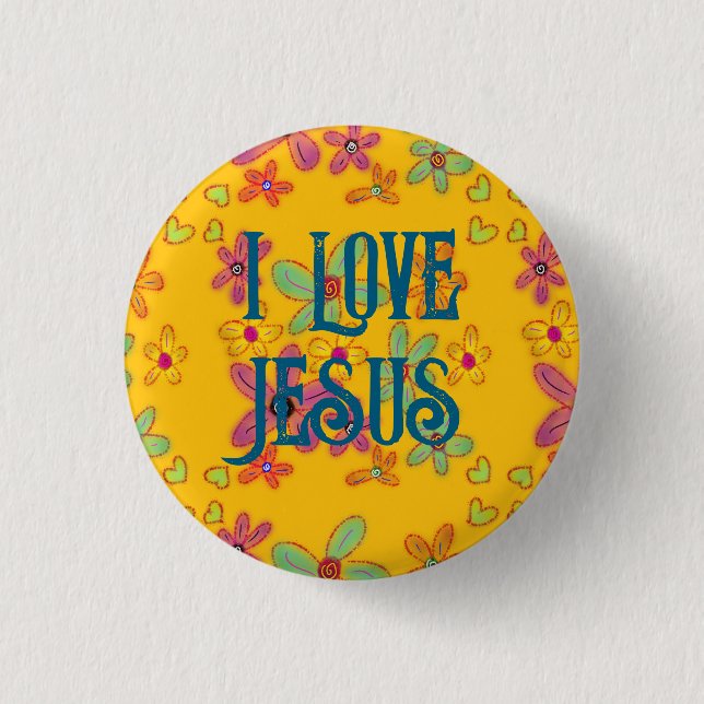 I Love Jesus Christian Girl Flowers Pattern Yellow Button (Front)