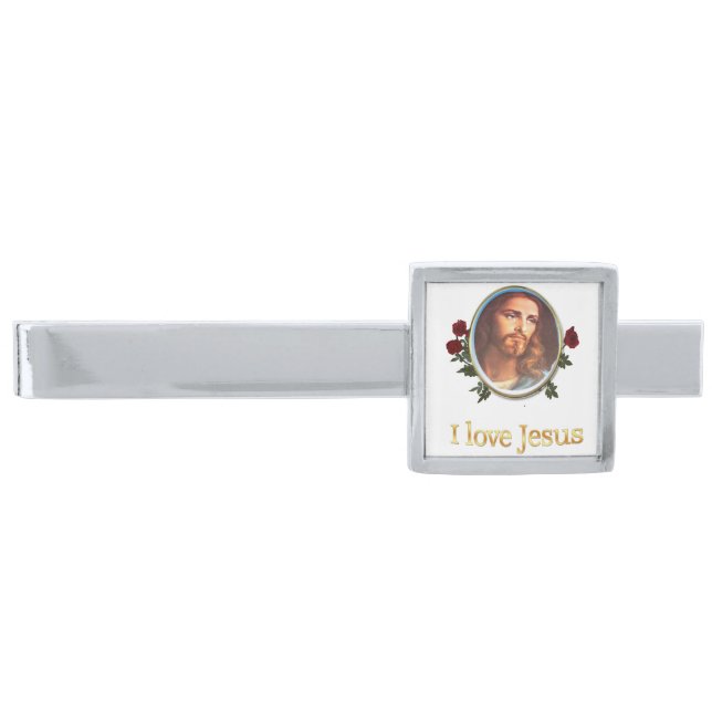 I love Jesus gifts Silver Finish Tie Bar (Front)