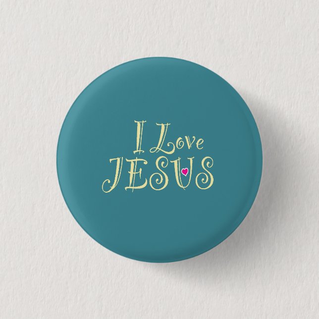 ‘I Love Jesus’ Gold on Turquoise Button (Front)