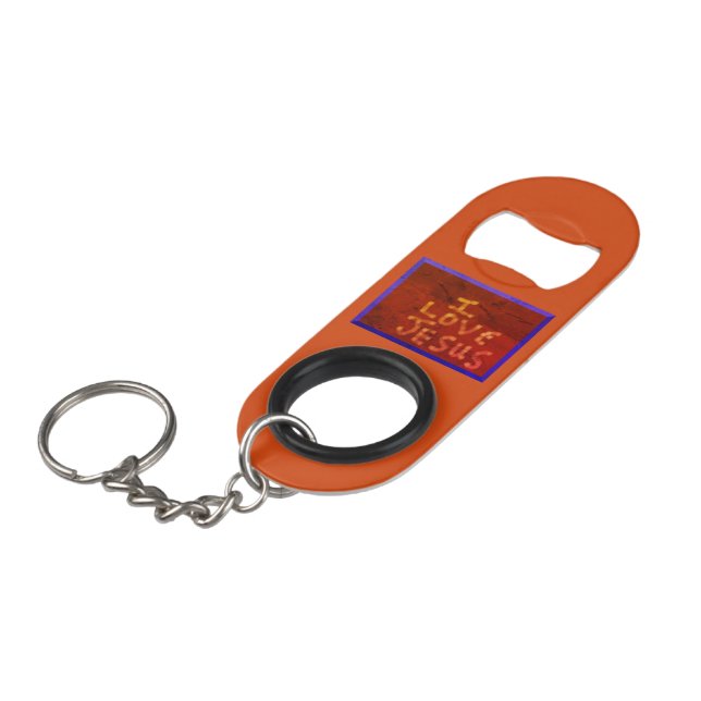 I Love Jesus Mini Bottle Opener With Keychain (Front Angled)