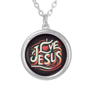 I Love Jesus Retro Christian Silver Plated Necklace