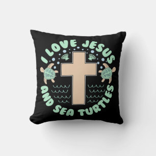 I Love Jesus & Sea Turtles Christian Faith Cross B Throw Pillow