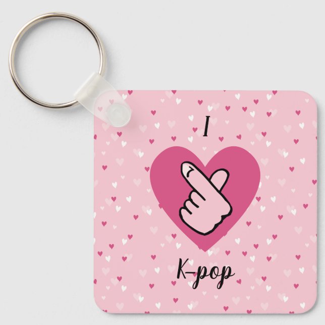 I Love K-pop Pink Finger Heart Pink Black Keychain (Front)