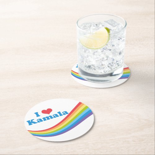 I Love Kamala Cute Election Rainbow Round Paper Coaster