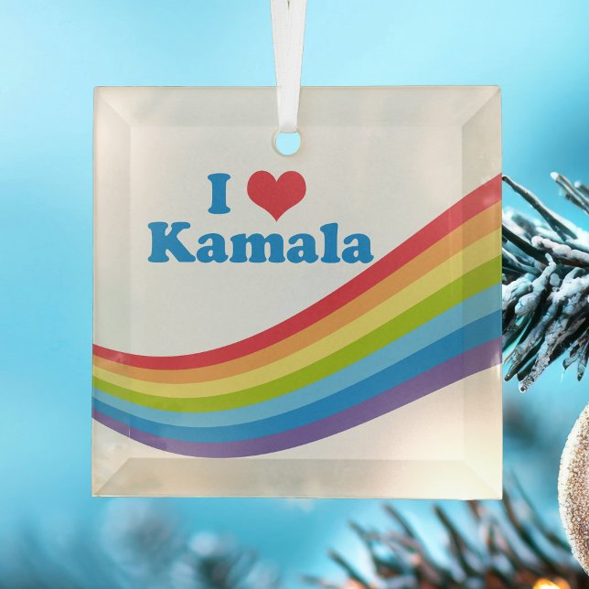 I Love Kamala Harris Cute Rainbow Christmas Glass Ornament (Creator Uploaded)