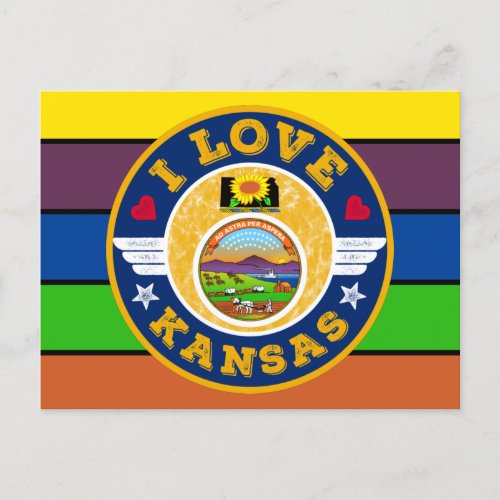 I Love Kansas Retro Stripes State Map and Flag Postcard