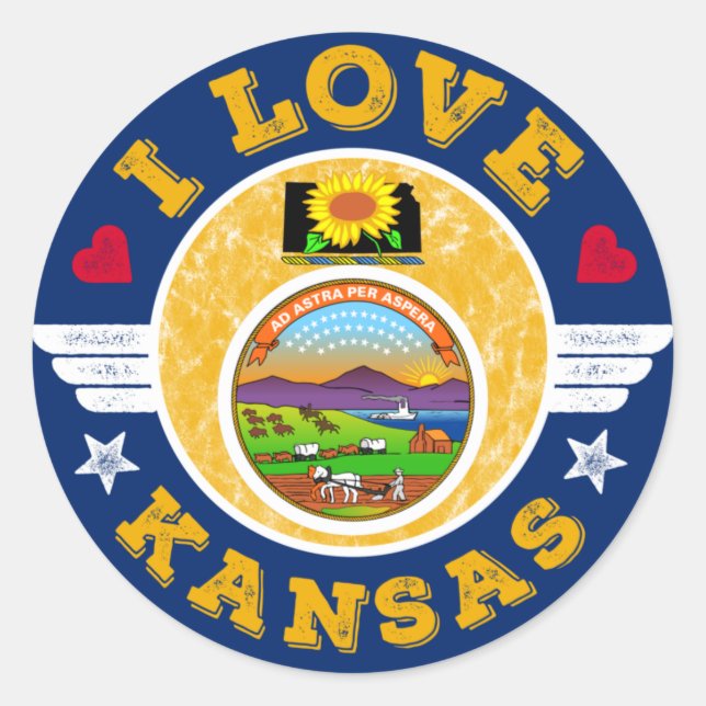 I Love Kansas State Map and Flag Classic Round Sticker (Front)