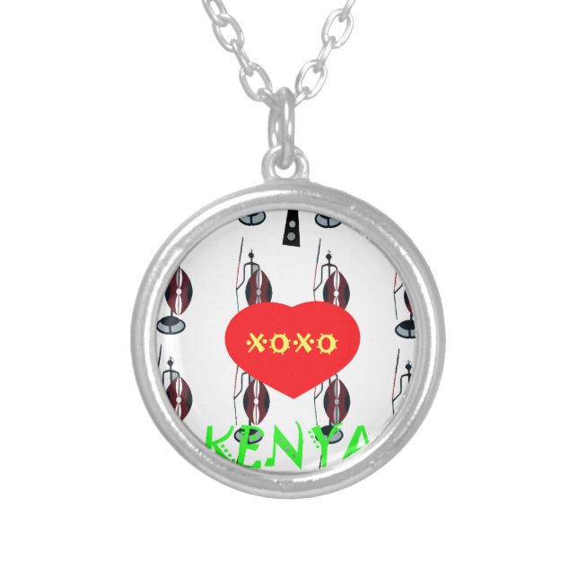 I Love Kenya Maasai Art Print Silver Plated Necklace (Front)