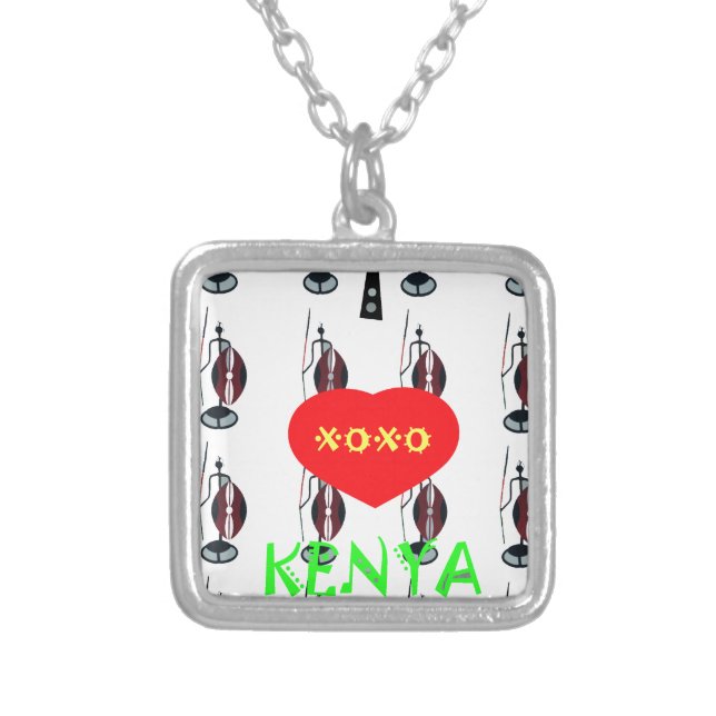 I Love Kenya Maasai Art Print Silver Plated Necklace (Front)