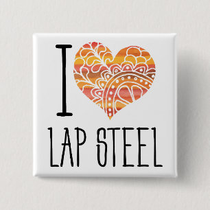 I Love Lap Steel Orange Mandala Heart Button