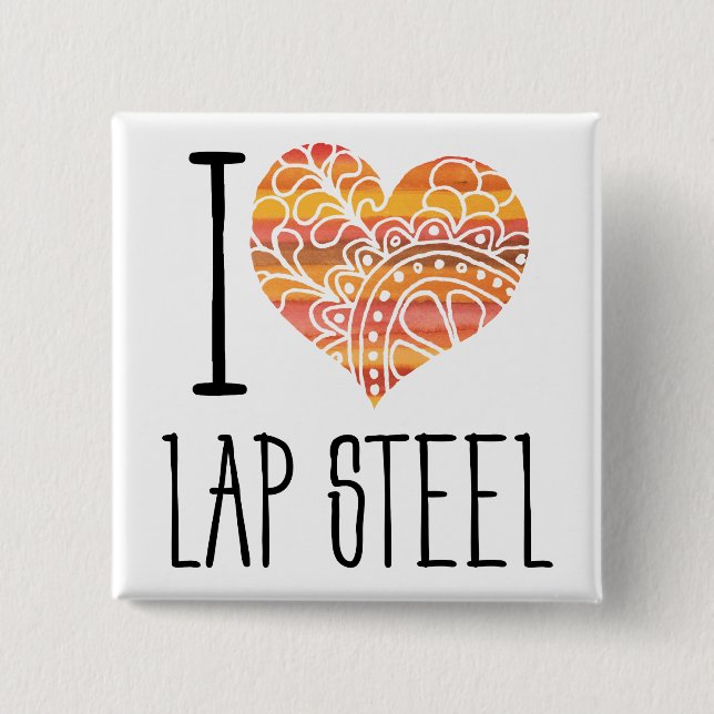 I Love Lap Steel Orange Mandala Heart Button (Front)