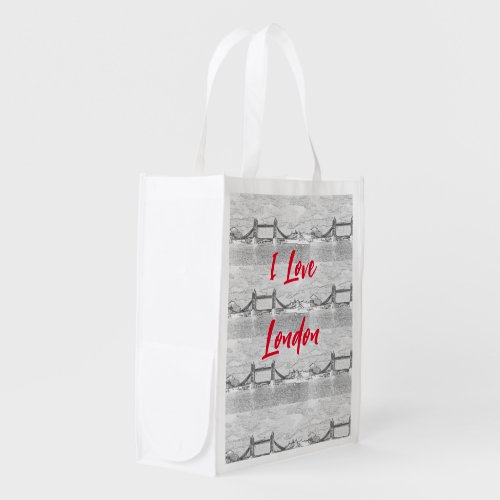 I Love London Tower Embossed Photo Red Text Grocery Bag